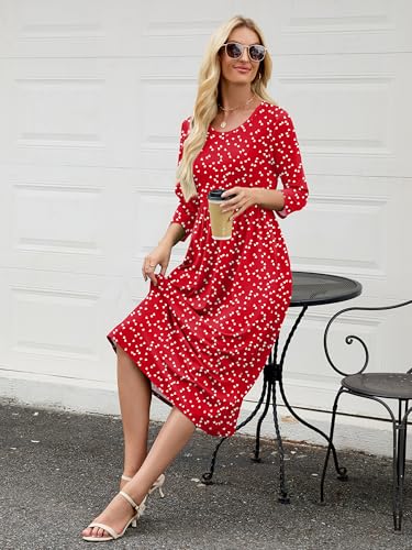 Image of Heymoments Women's Casual 3 /4 Sleeve Midi Dress Crewneck A Line Tiered Flowy Loose Travel Long Dresses with Pockets