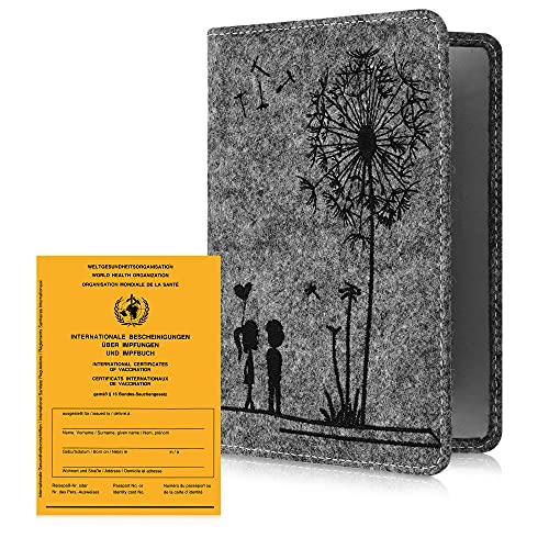 kwmobile Funda para cartilla de vacunación - Estuche protector de fieltro con tapa para pasaporte de vacunas europeo - niños y diente león