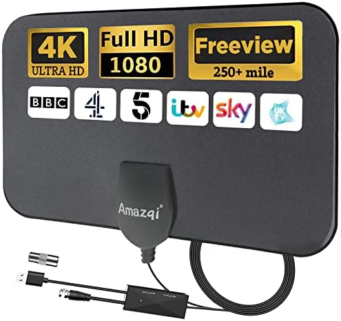 TV Aerial Indoor 250+ Miles Long Range, 4K Digital HD Amplified TV Aerial with Signal Booster - Freeview 1080P TV Antenna for Local Channels