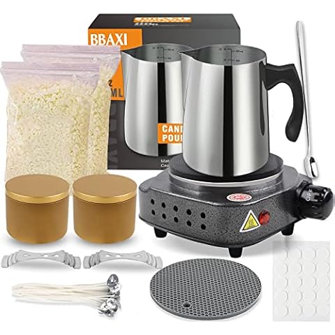 BBAXI Candle Making Kit with Electronic Hot Plate,Candle Wax Melter for Melting Wax,Including Melting Pot, Wax Melter hot Plate,1lb Soy Wax,Stain Spoon,Cotton Wicks,Center Devices,Wick Stickers Cover