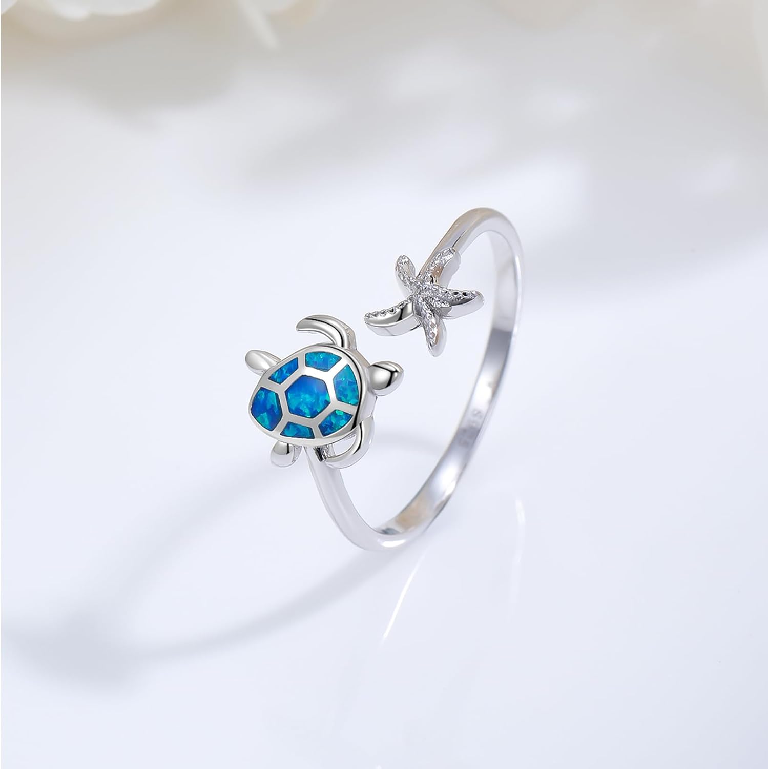 Cuoka Turtle Ring,S925 Sterling Silver Starfish Blue Opal Rings Adjustable Band Sea Turtle Jewelry Gifts for Women - Image 3