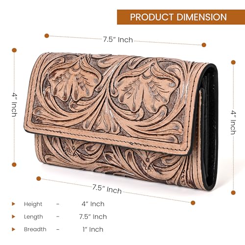 Image of Merbaa Hantooled Leather Wallet RFID Blocking, Trifold Ladies Purse, Flower Handtooled and Carved long Clutch, 1 Back Zip pocket, Wallet For Women, Brown, Medium, Classic
