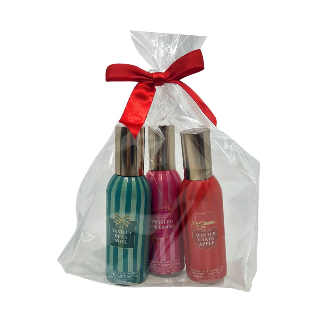 Bath & Body Works Concentrated Room Spray - Twisted Peppermint, Winter Candy Apple, Vanilla Bean Noel - Gift set with a Red Bow for Holiday & Gifts (2023 Edition)