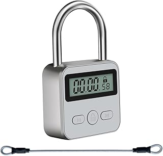 Metal Timer Lock, with 10inch Flexible Steel Cable, LCD Display Multi-Function Electronic Time, 99 Hours Max Timing, USB Rechargeable Timer Padlock (Silver)