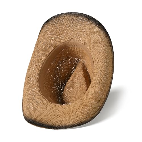 Image of Cowboy Hats for Women & Men Straw Cowboy Hat Wide Brim Western Cowgirl Hats Summer Sun Hat