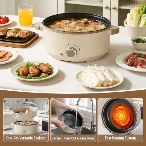Elektrischer Hot Pot, 4.6L Hotpot Topf mit Dampfeinsatz, 1000W Nudelkocher mit Keramik-Antihaft-Beschichtung, 3 Temperaturstufen & Automatische Abschaltung für Fondue & Eintöpfe – Bild 4