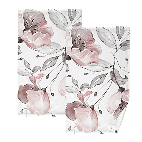 ALAZA Pink Rose Flower Gray Leaves Hand Towels for Bathroom Set of 2 Soft 100 Percent Cotton Towel Luxury Decorative Bath Towels Highly Absorbent Face Towel 16