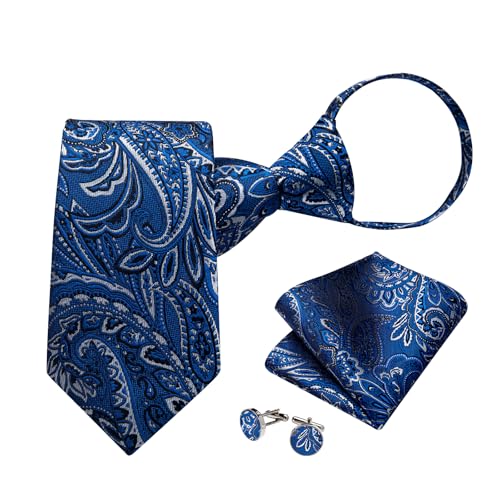 Image of DiBanGu Mens Zipper Ties Silk Adjustable Necktie Pocket Square