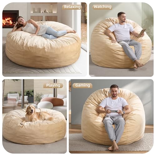 Image of Hobestluk Giant Bean Bag Chairs 6FT Oversized BeanBag Chair for Adult Jumbo | Memory Foam,Washable Cover,Velvet Fabric,Storage Pocket,Portable Handle,Durable Round Bean Bag Bed for Adults | Khaki 6FT