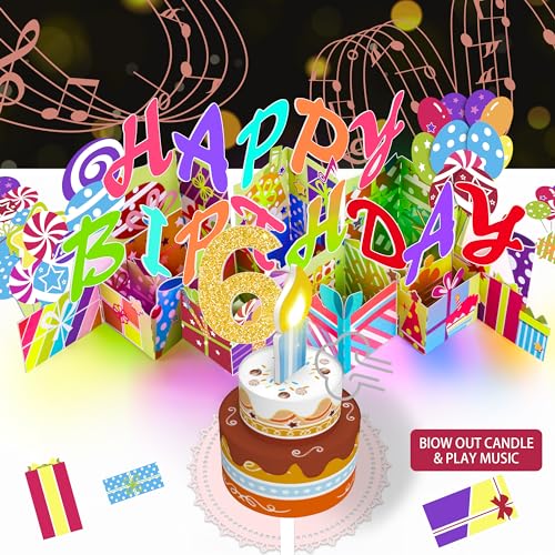 Image of Gumry 6th Pop-Up Musical Birthday Card with Blowable LED Candle for Kids