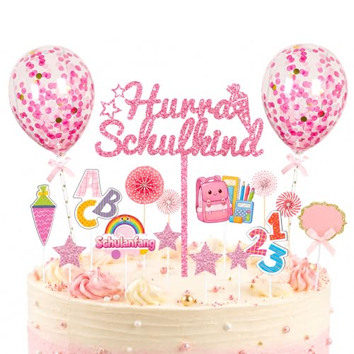 Gleevio 22 Stück Rosa Tortendeko Einschulung Mädchen Cake Topper Schulkind 2026 Mädchen Kuchendeko Schulanfang Glitzer Kuchen Deko Einschulung Schultüte Cupcake Topper für 1. Schultag Party Deko