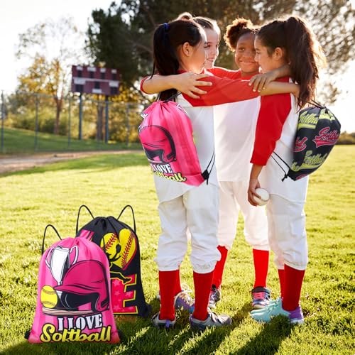 Image of Honoson 16 Pcs Pink Softball Drawstring Backpack Softball Goodie Bags Baseball Gift Bags Drawstring Backpack Baseball Party Favors Snack for Sports Team Birthday Party Supplies