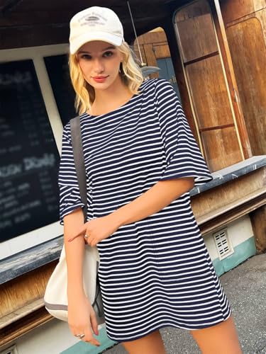 Image of Yousify Women's T Shirt Dress Cotton Summer Dresses 2026 Casual Loose Short Sleeve Striped Mini Dress with Pockets
