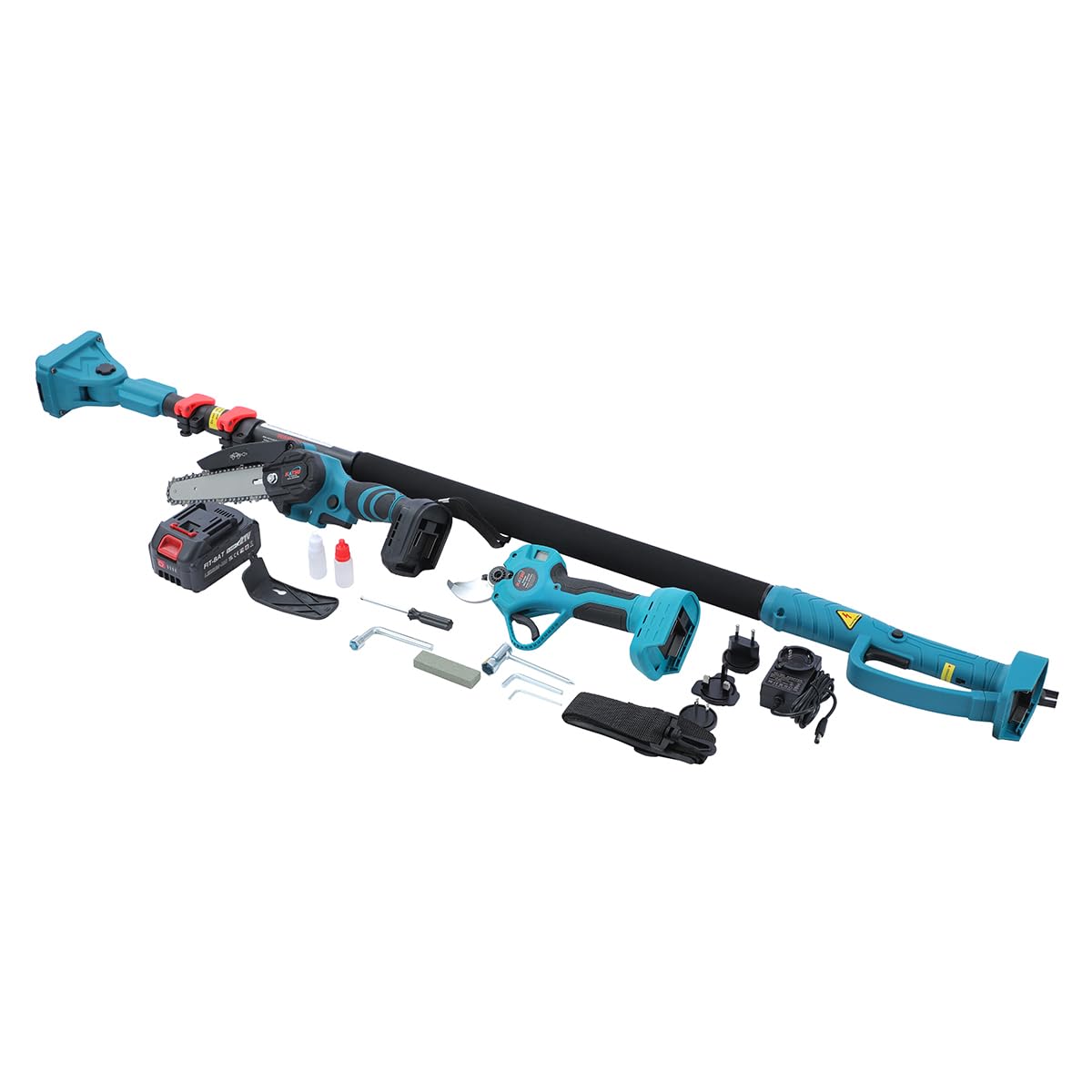 KATSU FIT-BAT 21V Motosierra Podadora de Pértiga Telescópica 3 en 1 Hasta 253cm con 3,0 Ah Batería y Brushless Motosierra y Tijera Podadora, para Cortar Ramas de Árboles