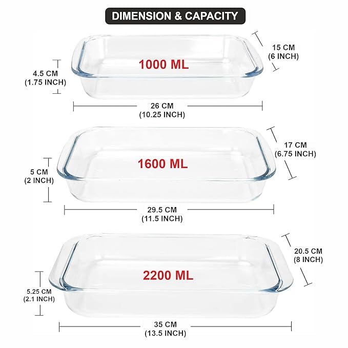Red-Rubby Rectangular Glass Baking Dish Set with 3 Sizes, 2.2L, 1.6L and 1L, Microwave, Oven and Dishwasher Safe 3