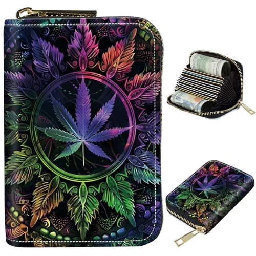 Image of Cute Credit Card Holder with Zipper, Color Weeds RFID-Blocking Card Case Small Wallet for Women Men, Multi-slot Card Organizer Case Travel Accordion Wallet