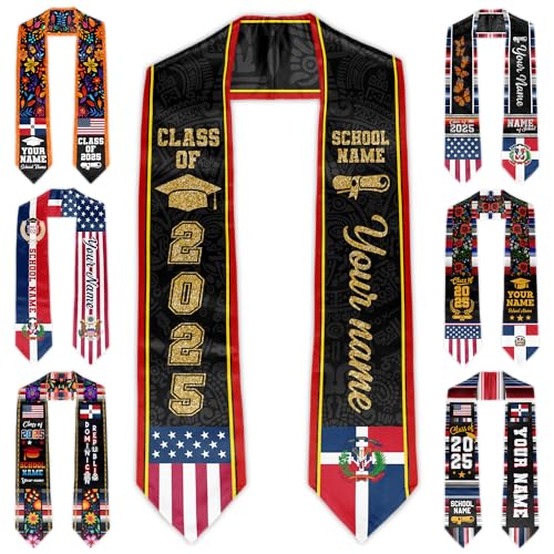 ZINYAM Custom Dominican Republic Graduation Stole Class of 2025 Personalized Dominicans American Flag Graduation Sash 72
