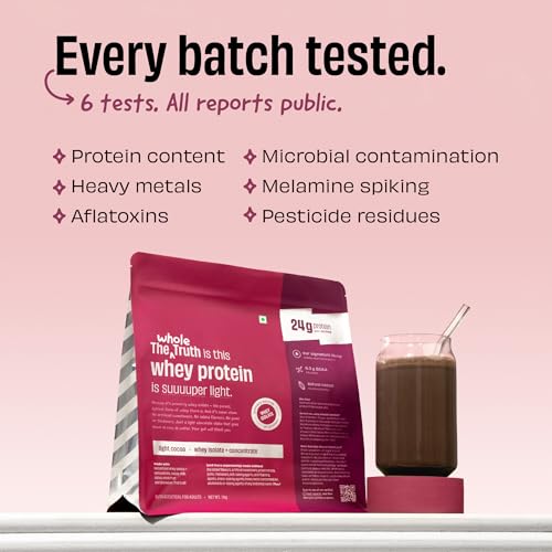 Image of The Whole Truth Whey Protein Isolate+Concentrate | Light Cocoa 1kg (2.2 lbs) | 24g Protein per scoop | 6.3g BCAA | No Adulteration | Clean, Light & Easy to Digest | Vegetarian | No Artificial Flavours