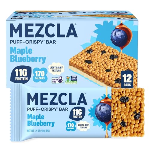 Mezcla Puff-Crispy Plant Based Protein Bars - Maple Blueberry - Healthy Snacks for Adults & Kids - Granola Bars for School Travel Office Snacks - Gluten Free Vegan Non GMO 10g Protein - 12 Count