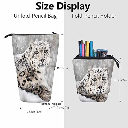 Image of Swono Snow Leopard Pencil Pouch Frontal Portrait Snow Storm Stand Up Pencil Case Pencil Holder Cosmetics Bag For Women Men