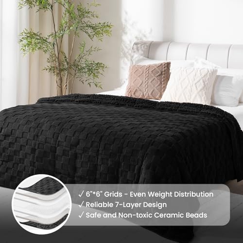 Image of 15lbs Weighted Blanket Twin Size, Classy Soft Jacquard 3D Checkered Sherpa Weighted Blankets for Adults, Cozy Fluffy Bed Blanket for Sleeping, 48 x 72 inches, Ceramic Beads, Black