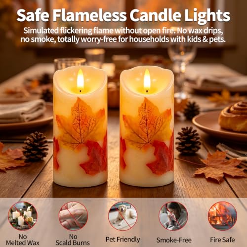 2 Stück Flammenlose LED-Kerzen mit Fernbedienung und Timer, 7,5 x 15 cm Flackernde Flammenlose Kerzen, Echtes Wachs,Batteriebetrieben,Ahornblatt LED Kerzen für Herbst Halloween Thanksgiving Deko – Bild 3