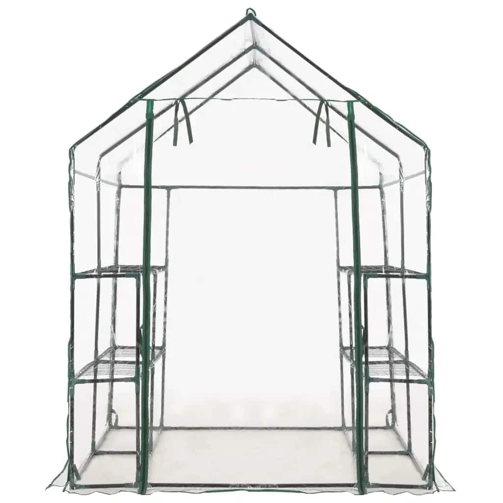 Szklarnia z 8 półkami 143 x 143 x 195 cm, stabilna szklarnia dla roślin z ramą ze stali nierdzewnej i folią PCW, przezroczysta osłona z tworzywa sztucznego z rolowaną bramą