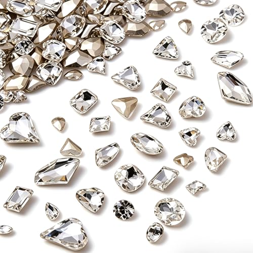 48 Pcs Big Mix Sizes Different Shape Nail Rhinestones 16 Styles 3D Glass Crystals Diamonds Love Distorts Heart Super Shiny Charms Gems Stones DIY Nail Art Decoration Craft Jewelry (White)