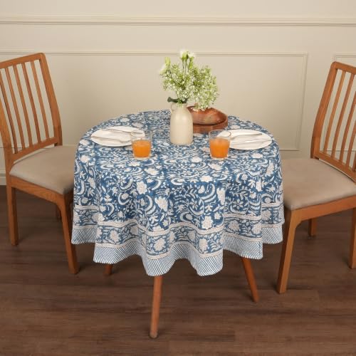 Image of Encasa XO Dining Table Cloth, Jaipuri Block Print Cotton Cover Blue