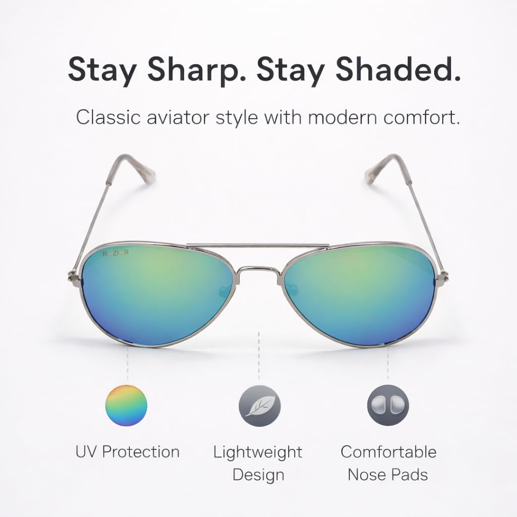 ROZIOR Kids Aviator Sunglasses for Boys & Girls (Age 4–12 Years) | UV400 Protection | Mirrored Blue-Green Lens | Lightweight Metal Frame | Stylish Outdoor, Travel & Daily Wear 2