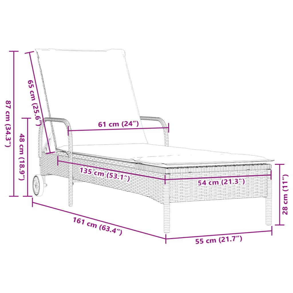 Leżak do opalania z kółkami i nakładką, szary polirattan, leżak ogrodowy, regulowany, z wyściełaną poduszką, ergonomiczny leżak relaksacyjny na balkon, taras, do użytku na zewnątrz