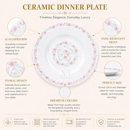 Image of NFI essentials 10.5 Inch Premium Ceramic Dinner Plate, Serving Plate for Main Course, Pasta, Rice, Salad & Meals, Microwave & Dishwasher Safe Kitchen Dinner Plate