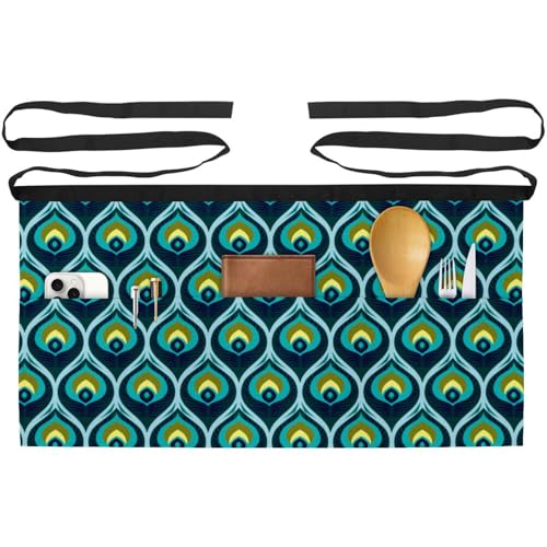 Lot de 3 demi-tabliers de cuisine à plumes de paon multicolores avec 3 poches 60x30.5cm
