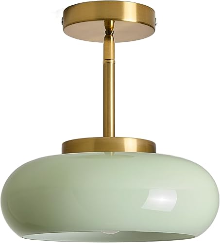 Lámpara de techo semiempotrada dorada moderna de 11 pulgadas con pantalla de vidrio verde, lámpara de mediados de siglo para pasillo, entrada,