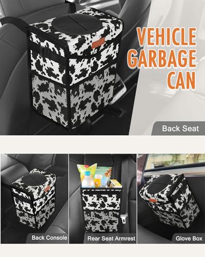 Image of Pritent Car Trash Can with Lid, Cute Leakproof Car Trash Garbage Bag Hanging Vehicle Trash Bin Small Portable Automotive Garbage Cans Organizer for Back /Front Seat /Console(2.8 Gallons,Cow Print)