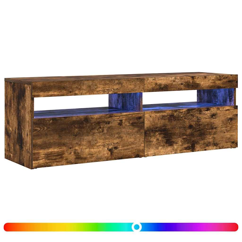Szafka pod TV z oświetleniem LED RGB, przydymiony dąb, 120x35x40 cm, regał RTV z czterema przegrodami, nowoczesny mebel do salonu z wielokolorowym podświetleniem, łatwy montaż