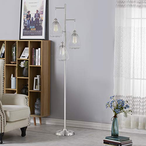 Floor Lamp, Industrial Rustic Standing Lamp With 3 Elegant Teardrop Cage Shade, Modern Tall Floor Lamps For Living Room With 3 Edison Bulbs, Minimalist Pole Floor Light For Home Office - Chrome #TOP4