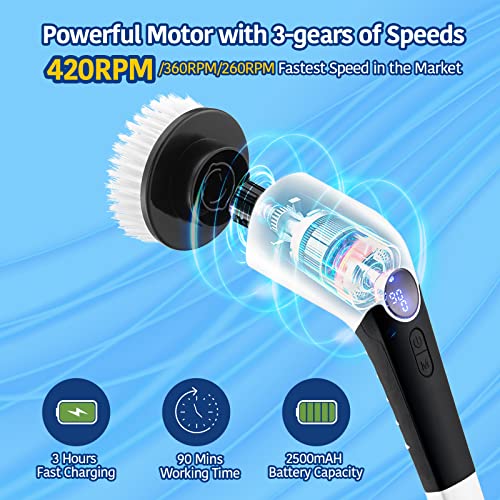 Keimi Electric Spin Scrubber, 2023 New Cordless Voice Prompt Shower Cleaning Brush With 8 Replaceable Brush Heads, 3 Adjustable Speeds, And Adjustable Extension Handle For Bathroom Floor Tile #TOP2