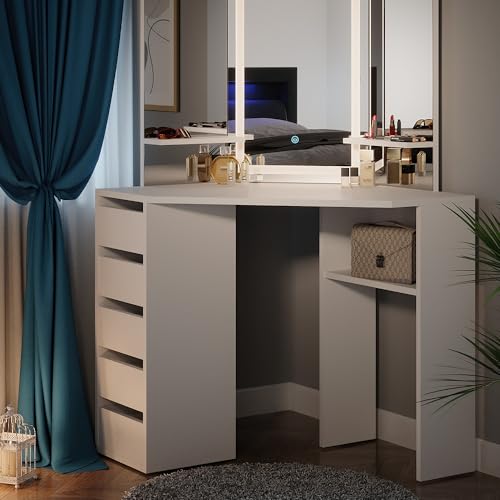 Vicco Eckschminktisch Arielle, Weiß, 110 cm mit LED-Spiegel...