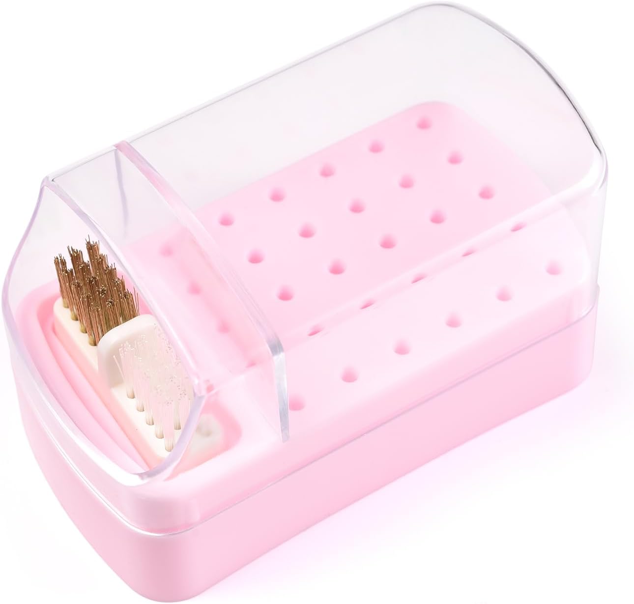 Nail Drill Bits Holder & Nail Drill Bits Cleaning Brush Box 2 in 1, 30 Holes Dustproof Nail Drill Bits Organizer Stand Display Storage Case with Drill Bit Cleaner Tool (Pink)