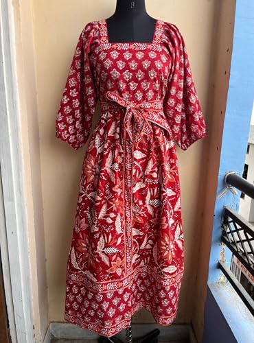 Red Cotton Square Neck A Line Long Maxi Dress with Waist Belt | Cotton Block Print Summer Dress | Western Wear Dress4
