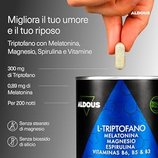 Triptofano con Melatonina e Magnesio - Vitamina B6, B5, B3 e Spirulina - Triptofano Integratore Forte - Integratore Sonno Profondo - Melatonina per Dormire - Ansia e Stress - Calma, Benessere - ALDOUS