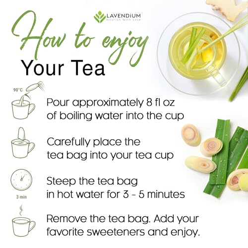 Image of Lavendium, 30 Lemongrass Tea Bags, 100% Natural & Pure Lemongrass leaves, Eco-Conscious Tea Bags, Lemongrass Herbal Tea. Lemongrass Leaf Tea. No Sugar, No Caffeine, No Gluten, Vegan.