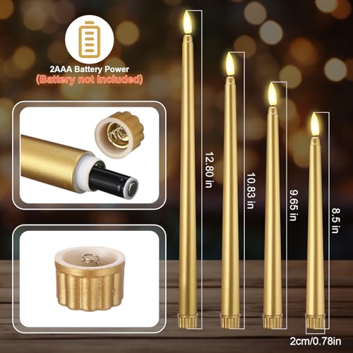 Image of Rossesay 64 Pcs Wedding Flameless LED Taper Candles Battery Operated Candles 4 Sizes of 8.5'', 9.65'', 10.83'', 12.8'' Candlesticks Flickering for Halloween Christmas Church Wedding(Gold)