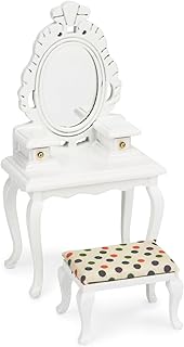Dollhouse Makeup Vanity with Mirror & Stool 1/12 Miniature Makeup Furnit...