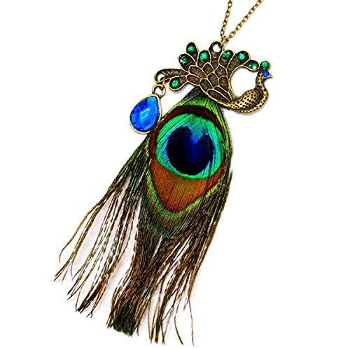 ピーコック(孔雀)モチーフ 孔雀の羽(ピーコックフェザー)&2カラーカットビーズ(雫型ブルー・丸型グリーン)装飾 アンティークゴールドカラー レディース ネックレス