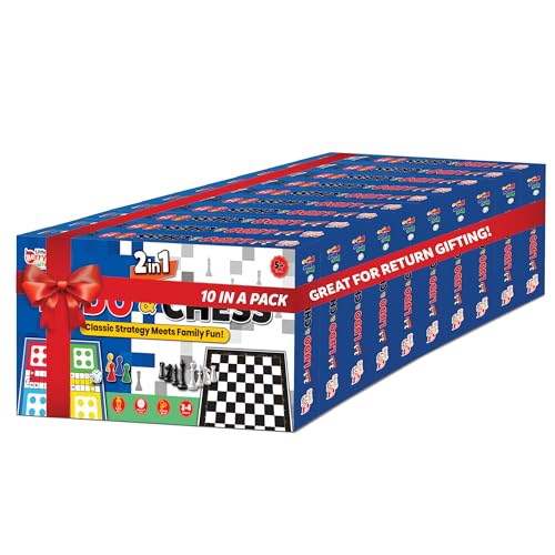 Image of 2 in 1 Ludo and Chess Board Game Set for Kids (Pack of 10) | 11 inchx11 inch Foldable Game Board with Pawns | Birthday Return Gifts for Kids Ages 6 7 8 9 10 11 12 | Gifting Set