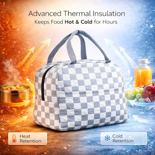 Image of The Earth Store White Check Insulated Lunch Bag for Office, Men, Women | Travel Tiffin Bag with Handle, Waterproof & Leakproof | Reusable Thermal Lunch Box Bags