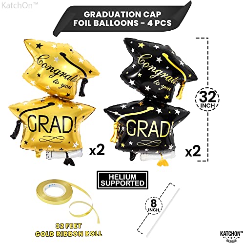 Image of Black and Gold Graduation Cap Balloon - Big, 32 Inch, Pack of 4, Graduation Decorations 2026, Congrats Grad Balloons, Graduation Balloons Class of 2026, Graduation Hat Balloons, KatchOn