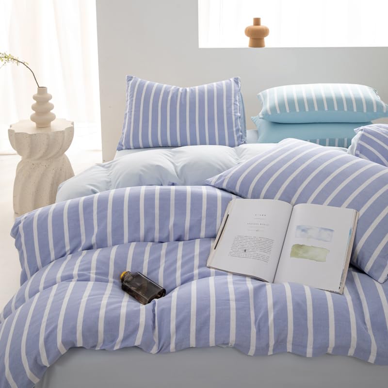 Housse de couette 260x240 à rayures bleues parure de lit microfibre blanche